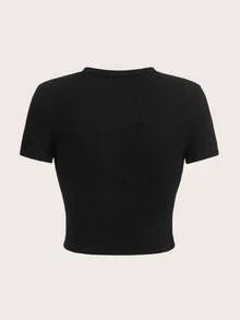 Graphic Printed Cropped T-Shirt, Y2K Spring And Summer Short-Sleeved Crop Top, Women's, Fall Clothes For Women,Halloween,Tops,Teacher Outfits For Women,Shirts,Back To School,Spring,For Women,Womens Tops,Tops De Mujer,Green Top,Spring Clothes. - 黑色 - 查看 2