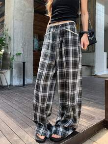 修身灰蓝格子休闲裤百搭拼接腰带抽绳阔腿宽松直筒裤