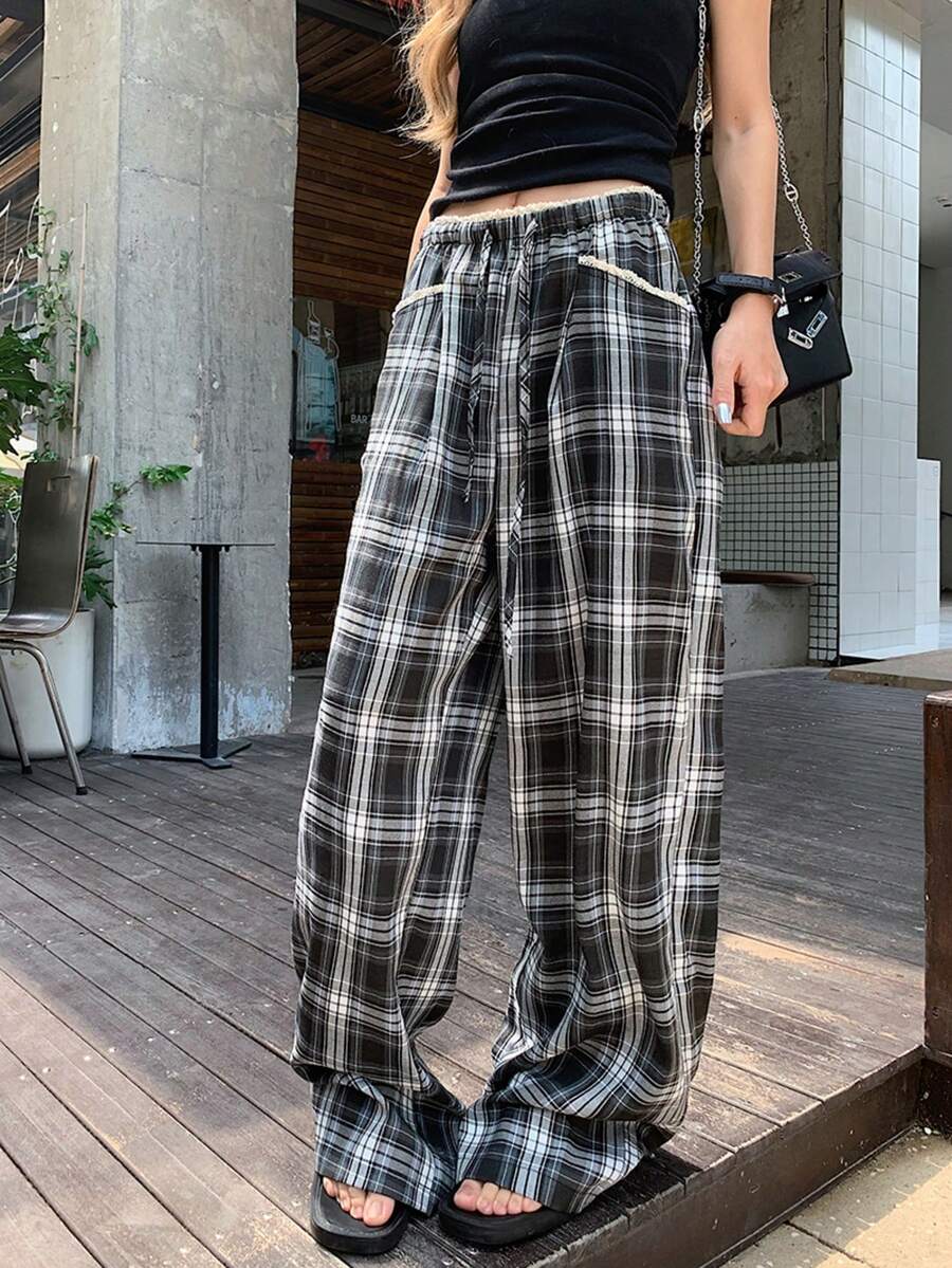 Slimming Gray & Blue Plaid Casual Pants, Versatile Patchwork Waistband Drawstring Wide Leg Loose Straight Trousers Spring