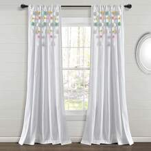 LUSH DECOR Boho Pom Pom Tassel Linen Window Curtain Panel Navy Single 52X84 Halloween-Fall Decor-Room Decor - 水綠色/粉紅色 - 查看 3