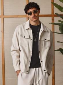 Herren einfarbige Cord-Outdoorjacke mit Knopfleiste, Langarm, für Herbst und Winter