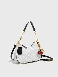 新款时尚经典黑色多功能防水PU材质，字母图案装饰设计，撞色拼接纯色新月形单肩包，链条单肩/腋下包，配有长可调节肩带，樱桃吊坠装饰，女士商务通勤单肩包，轻便，适合购物和聚会，便携。 - 彩色 - 查看 2