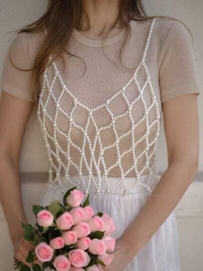 DEKUNER 1pc New French Pearl Small Suspenders Japan And South Korea Style Summer Girls Beaded Outside Cami Sweet And Lovely Women's Fashion Single Product