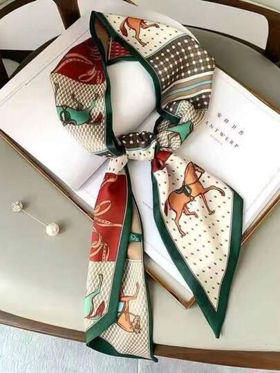 1条窄款长丝巾，双层仿丝材质，女士多功能发带/颈巾，适合春、夏、秋、冬四季搭配连衣裙