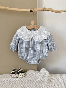 Baby Girl Cute Ditsy Floral Ruffle Collar Bodysuit, Spring/Autumn - Blue - View 5