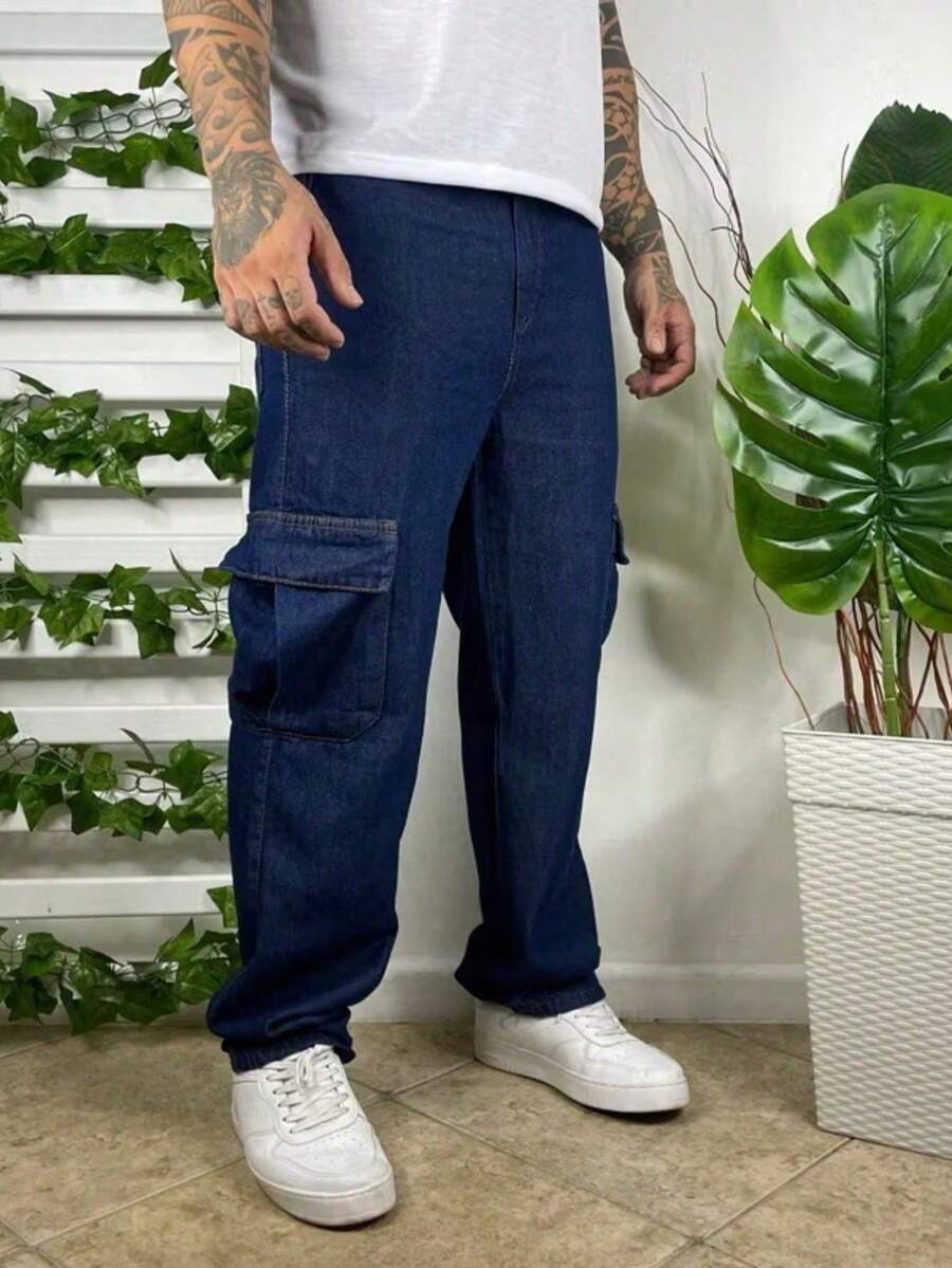 Men's Cargo Pants With Wide Pockets And Drawstring Waist, Ideal For Streetwear Maneuvers - Light Wash - View 1