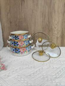3pcs Enamel Coated Cookware Set: Milk Pot With Dual Handles, Enamel Bowl, Mini Pot, Soup Pot, Ramen Bowl, Small Hot Pot, Thick Enamel Pot, Dual Handle Pot Suitable For Induction Cooktop & Gas Stove, For Cooking Small Portions Or Food Preservation, Family Dinner Supplies, Party Supplies - Multi-color Gold-rimmed Enamel Pot - View 8