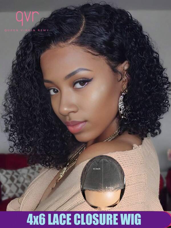 QVR QUEEN VIRGIN REMY Peluca de encaje con pelo humano rizado 4x6 de cierre transparente, peluca bob lista para usar, línea de cabello natural pre-cortado, peluca de encaje sin pegamento de raíz libre, color negro natural