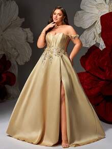 VIPGIRL Neues Abendkleid in Champagnerfarbe mit Pailletten-Patchwork, elegantes hochwertiges Design für Damen in Große Größen, luxuriöser Abendanzug - Champagnerfarben - Übersicht 5