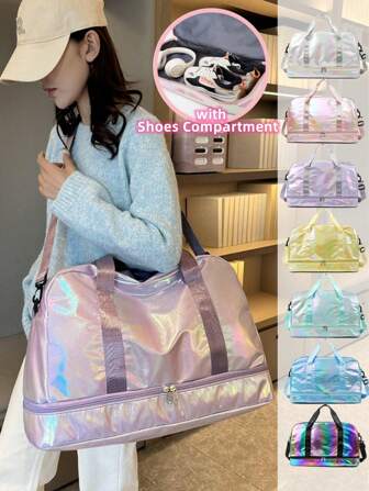 艶やかなオーロラ仕様スポーツジムバッグ、靴収納ポケット&濡れ物専用ポケット付き、大容量 トラベルダッフルバッグ レディース メンズ用