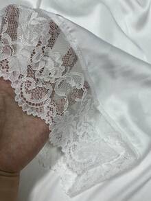 及膝白色缎面撞色蕾丝衬里裙，不透明防闪光蕾丝边 A 字裙，配套服装 - 白色 - 查看 3