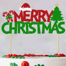 1Pc Merry Christmas Cake Topper Red And Green Glitter Cake Decorations Christmas Theme New Year Holiday Birthday Party Cake Decorations Supplies - Multicolor - View 8