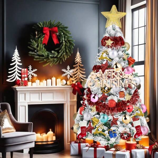 69 Pieces Christmas Decorations Kit With Flocked Xmas Tree - Tree Topper Star, Hanging Ornaments, Stockings, Golden Deer, Glitter Stars For Holiday Home Party Decor