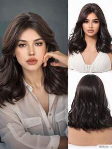 14英寸8字刘海齐肩卷发假发，黑棕色优雅合成耐热假发，音乐节女性礼物 - Black-brown - 查看 4