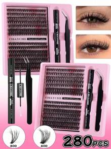 280 Clusters DIY Eyelash Extension Kit - Fluffy Russian30D+40D+50D+60D+80D+100D DD Curl, Mixed Lengths 10-16mm, 0.07mm Thickness, Waterproof Faux Mink Lashes With Tweezers & Bond/Seal Glue, Beginner-Friendly Reusable Set Lash Clusters Kit, Lashes, Eyelashes, Fake Lashes