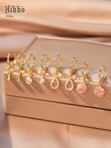 Hihho 8 件/套水滴空心锆石吊坠耳环，女士简约珠宝套装，礼物