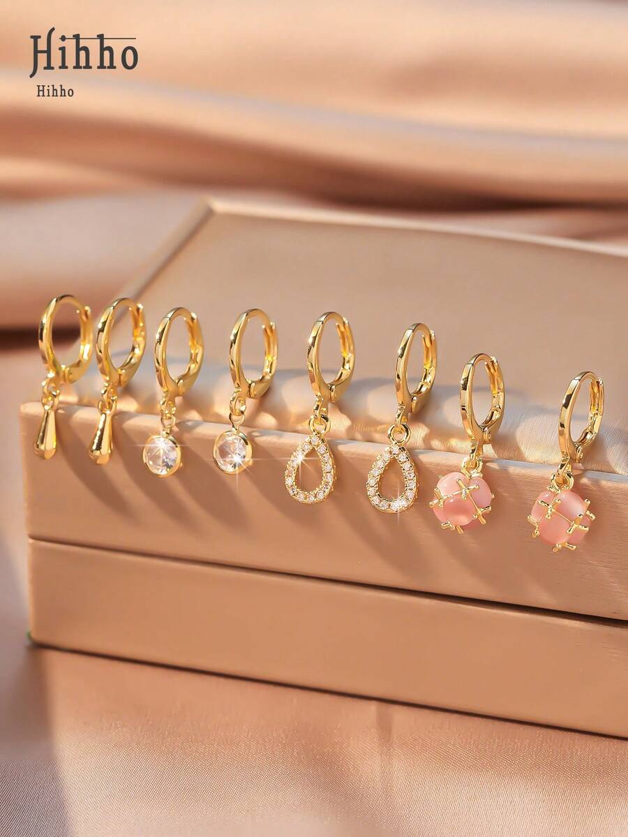 Hihho 8 件/套水滴空心锆石吊坠耳环，女士简约珠宝套装，礼物