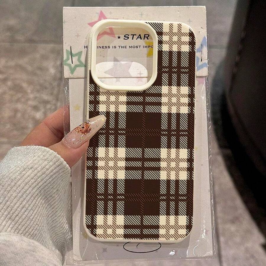 1pc TPU Material Retro British Style Classic Checkered Pattern Phone Case, Compatible With IPhonegi Phones - White - View 1