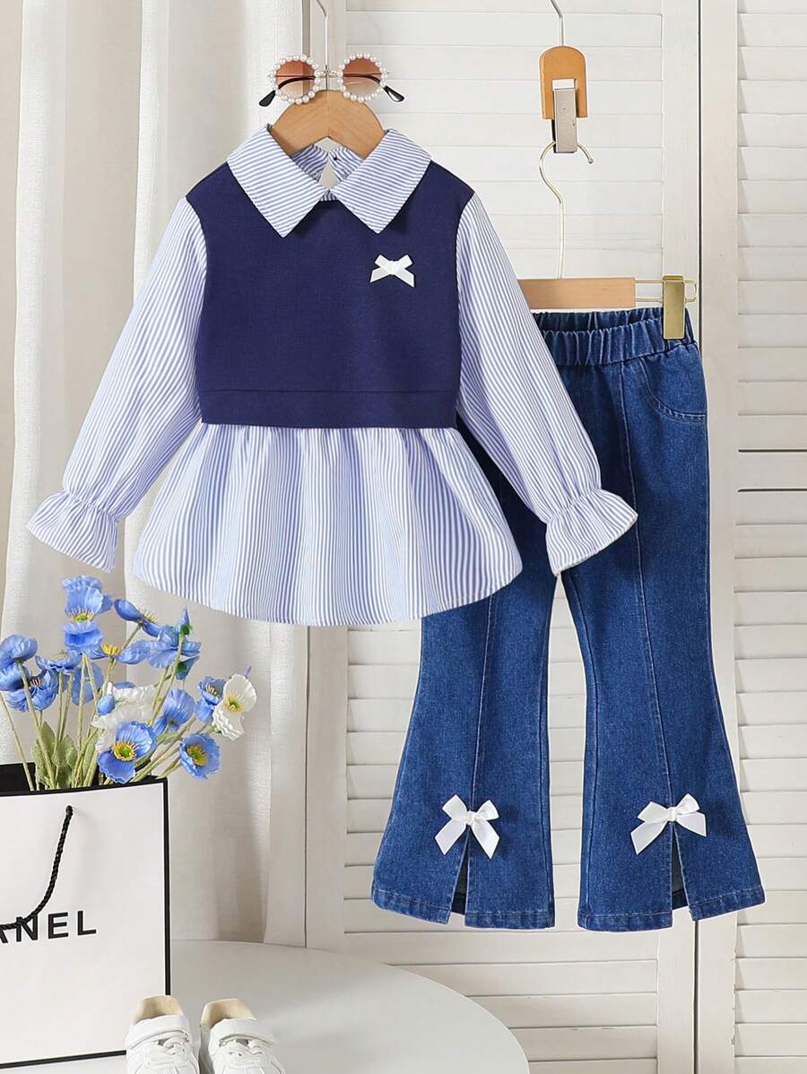 2 件套女童条纹衬衫和蝴蝶结喇叭牛仔裤套装，可爱校园风格，2025 年秋季返校季