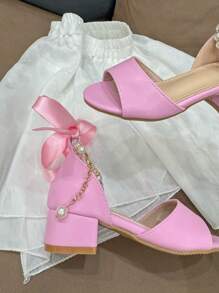 Sandalias de niña con cadena de perlas y lazo, estilo básico y elegante para niñas pequeñas en verano