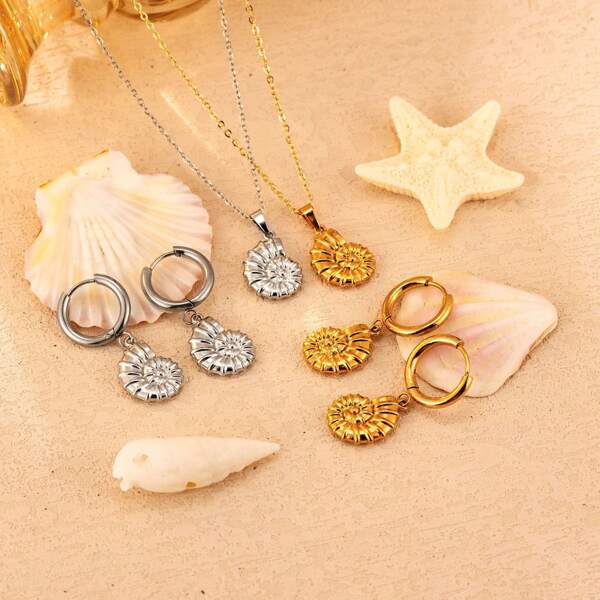Fashionable Stainless Steel Seashell Pendant Earring Set, Versatile 18K Titanium Steel Ocean Style Earrings For Women