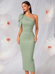 Elisanya One Shoulder Bowknot High Waist Backless Split Party Dress - Green - View 8