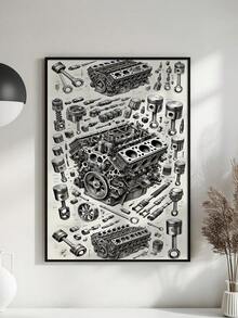 1pc Vintage V8 Engine Explosion Canvas Wall Art, Automotive Theme Wall Decor, Aesthetic Room Decoration, Living Room Art, Mechanical Illustration, Wall Art, Painting, Poster, Suitable For Home, Garage, Office, Studio - Monochrome Detailed Parts Diagram, Frame Optional - Multicolor - View 9