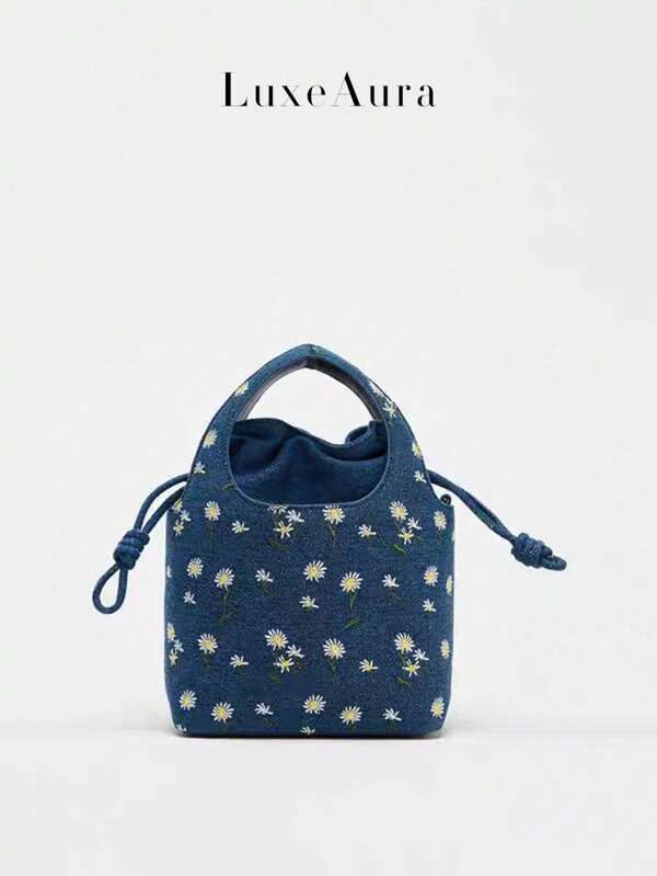 Daisy Embroidery Print Bucket Denim Handbag, Versatile New Fashion High-End Handmade Women's Casual Commuter Large Capacity Shoulder Bag