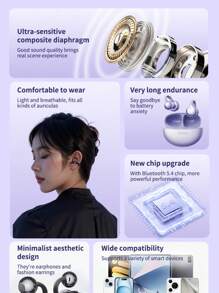 Lenovo Écouteurs sans fil Lenovo TA410 TWS de type clip d'oreille, écouteurs Bluetooth 5.4 à commande tactile avec longue durée de vie de la batterie et microphone