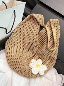 Hollow Out Weave Straw Bag Bohemian Beach Handbag Hollow Tote Bag Large Capacity Shopping Beach Bag Fashion Hollow Out Weave Straw Bag Beach Handbag Bohemian Style Beach Bag Slouchy Style Large Capacity Hollow Tote Bag Vacation