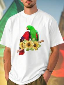 Maglietta DTF uomo Green and Red Parrots with Sunflowers on Branch moda estiva stampa colorata unica idea regalo originale vestibilità comoda casual  fashion