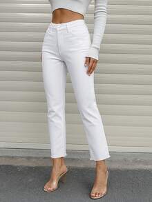 Women's Frayed Hem Skinny Straight Tapered Leg Jeans, Cigarette Pants, Fall Clothes - White - View 3