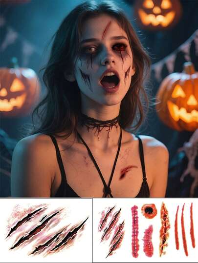 2 miếng dán hình sẹo tạm thời chống thấm nước cho Halloween - Hình dán sẹo vết thương thực tế cho mặt và cơ thể | Hình dán hình sẹo giả dùng một lần cho cosplay kinh dị, tiệc tùng và Halloween, unisex