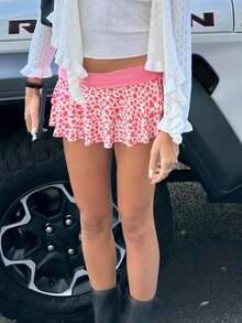 Layered Ruffle Mini Skirt For Women Summer Dots/Stripe/Heart Print/Solid Color High Waist Short Skirts - 紅白色 - 查看 3