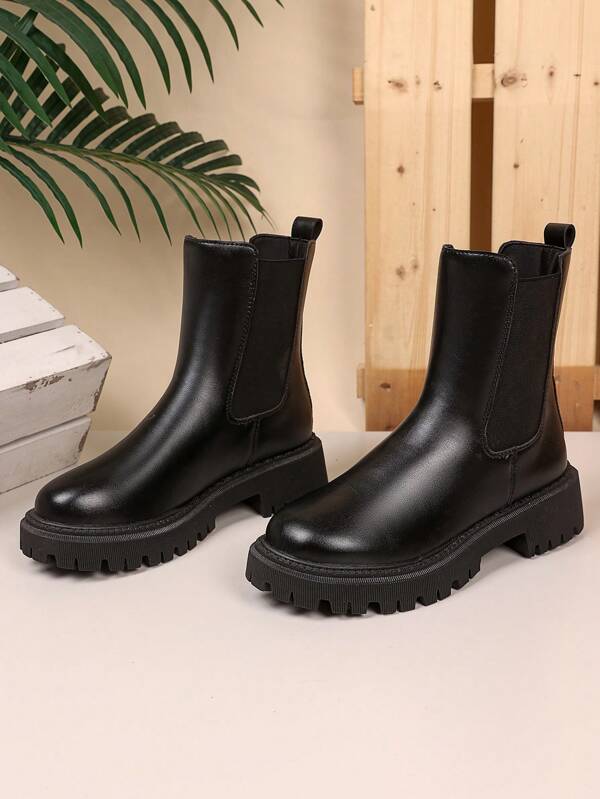 1 par de botas Chelsea de PU suaves y cómodas para adolescentes de talla grande, diseño elástico con puntera redonda y suela de 4.5 cm de grosor, elevadas, estilo británico de tobillo corto, adecuadas para uso casual, vacaciones, fiestas, otoño/invierno