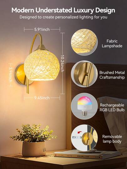 Battery Powered Wand Lamp Set, Goud Wireless Charging Verlichting 2000mAh Dimmable Detachable Bulb Remote Control, 15 Bedroom, Living Room, Corridor view 6