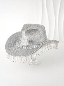 1 件金属闪亮纯色牛仔帽，3D 彩色水钻镶嵌腰带扣帽，搭配闪亮流苏，适合女孩，复古，花卉，朋克风格宽边帽，街头时尚，优雅美学，晚宴必备品，适合生日派对、西部主题活动、聚会、角色扮演、毕业典礼、化妆舞会、节日、婚礼、生日庆祝、音乐节、成人礼 - 寶石 - 查看 17