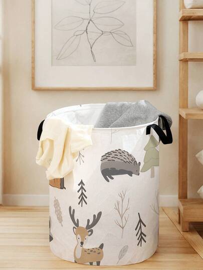 1pc Cute Animal Print Foldable Round Storage Basket With Handle, Large Capacity Multi-Purpose Storage Bin For Nursery, Baby Diaper, Clothes, Toys Organizer