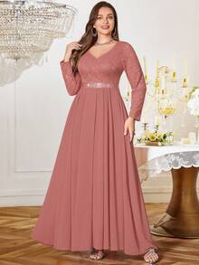 Plus V-Neck Floral Lace Contrast Chiffon Rhinestone Ribbon Waist Formal Party Long Dress, Wedding Guest Dress, For Birthday, Graduation, Homecoming - Dusty Pink - View 2