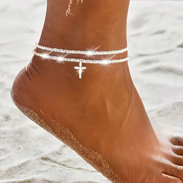 2pcs Silver Plated Wave Sparkle Cross Pendant Ladies Foot Bracelet Single Double Cross Pendant Foot Bracelet Jewelry Gift Foot Chain Anklet Perfect Holiday Gift For Beautiful Women Fashion Anklet Accessory