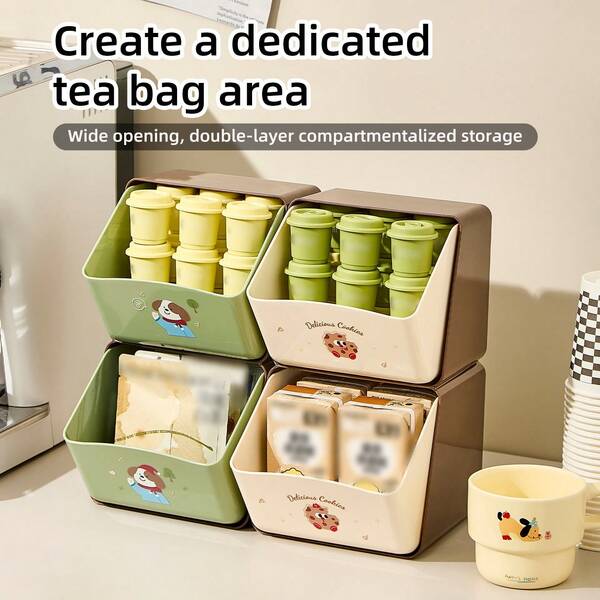 1 Set Dual Compartment Desktop Tea Bag & Coffee Storage Box With Removable Drawers, Washable