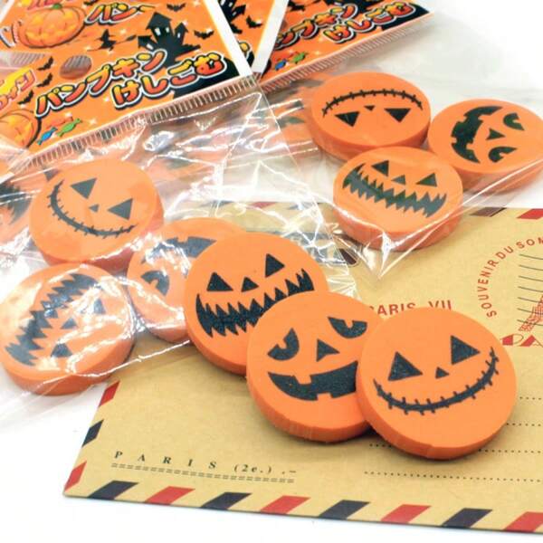 3 piezas Borrador de goma con diseño creativo de calabaza para Halloween, bolsa de 3 regalos de papelería para escuela primaria