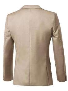 男士香檳色直排釦長袖西裝外套和長褲套裝，附黑色條紋領帶 - 香檳色 - 查看 2