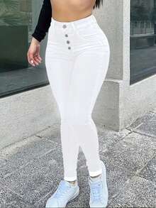 Women's High Waisted Tight Fitting Classic Double Breasted Jeans - Slim Fit, Comfortable And Elastic, Suitable For Leisure And Work - White - View 2