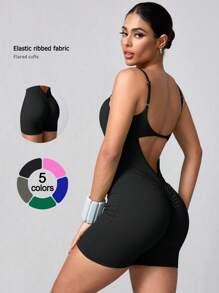 NcmRyu 1 件女士无缝弹力纯色时尚镂空工字背连体衣