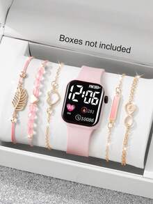 6 件女士时尚方形 LED 数字硅胶表带手表手链套装，适合教师节、感恩节、情人节、学生、毕业典礼、生日、最佳礼物（不含盒子） - 彩色 - 查看 5