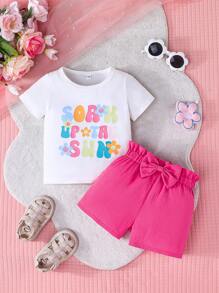Set da 2 pezzi, magliette a maniche corte con stampa di lettere e fiocchi e pantaloncini per bambine/bambine piccole, outfit casual primaverili, leggeri, per primavera/estate