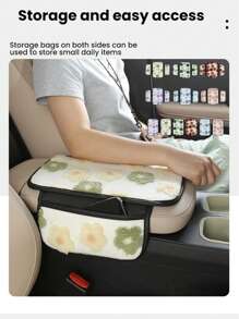 Soft Floral Car Central Armrest Pad, Comfortable Faux Fur Armrest Cover With Side Pockets For Storing Items Such As Bills, Keys, Lipstick, Fashionable And Stylish Car Interior Accessory