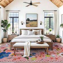 9x12 Area Rugs Living Room - Large Boho Stain-Resistant Rugs With Non-Slip Backing, Vintage Design Bedroom, Beige/Brown, Home Decor Floor - Pink Flower - View 2