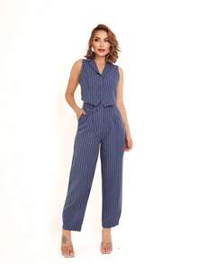 Women's Two-Piece Set With Striped Vest And Pants - Blue and White - View 1